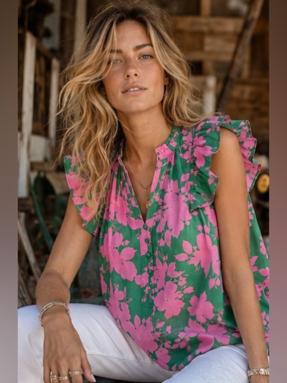 NWT Umgee Pink & Green Floral Satiny Flutter Sleeve Boho Blouse | Size S, M